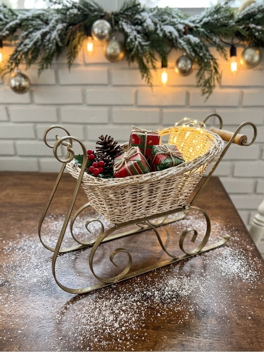 Festive White Wicker Sleigh Holiday Centerpiece